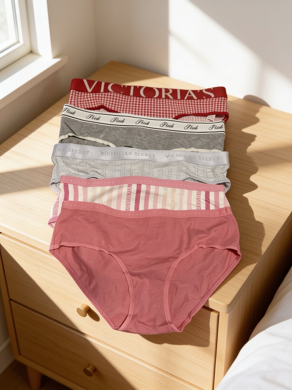 Victoria's Secret 5-Pack Bikini Briefs - Rose, Pink, Gray & Red Accents